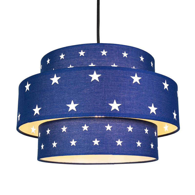 Triple Tier Cotton Fabric Childrens Pendant Shade with Stars Decor, Blue