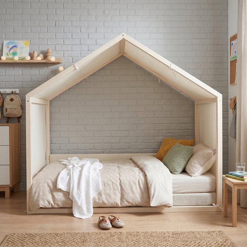 Twin Wood Canopy Bed with Canopy and Slats, Antique White