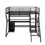 Lit mezzanine double en métal avec poste de travail intégré, garde-robe ouverte, DEL et rangement multiple