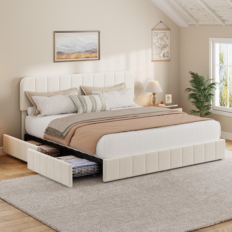 Cadre de lit en velours King Size avec 4 tiroirs et tête de lit ajustable