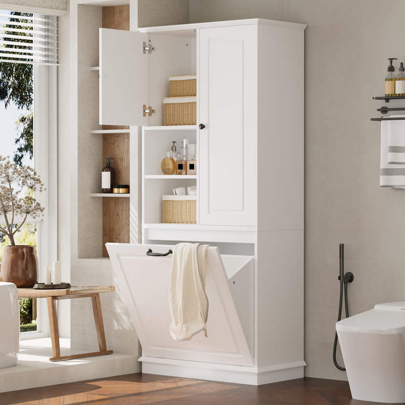 Grande armoire de rangement blanche avec tablettes réglables, grand panier rabattable et armoires fermées, Blanc