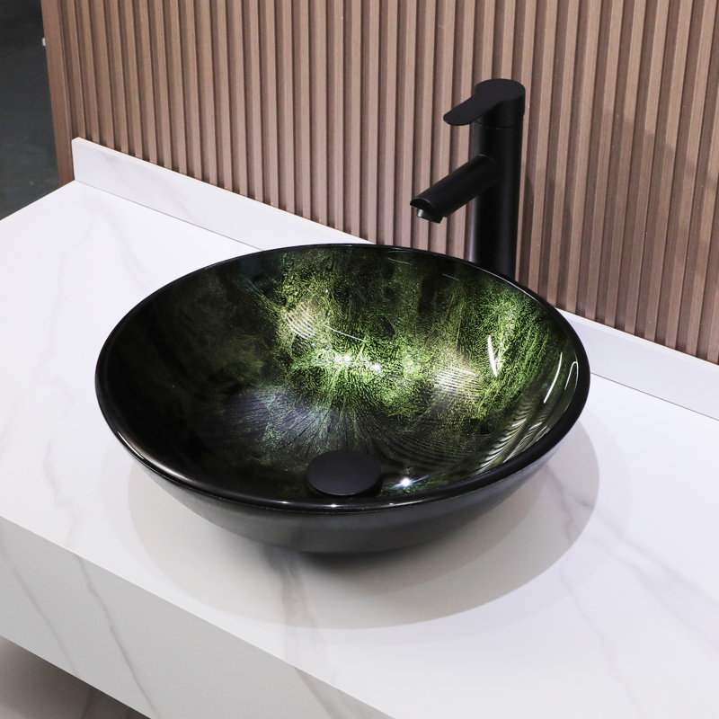 16.5"L x 16.5"W Glass Bathroom Vessel Sink Circle Tempered Glass Bathroom Sink with Pop-up Drain and Basin Faucet