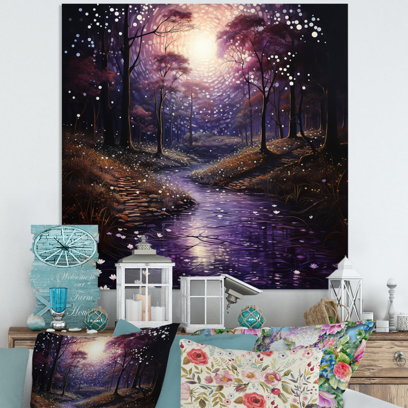 «Purple Forest Mystical Whispers Pointillism», reproduction de paysages sur métal, H 16 po x l 16 po x P 1 po