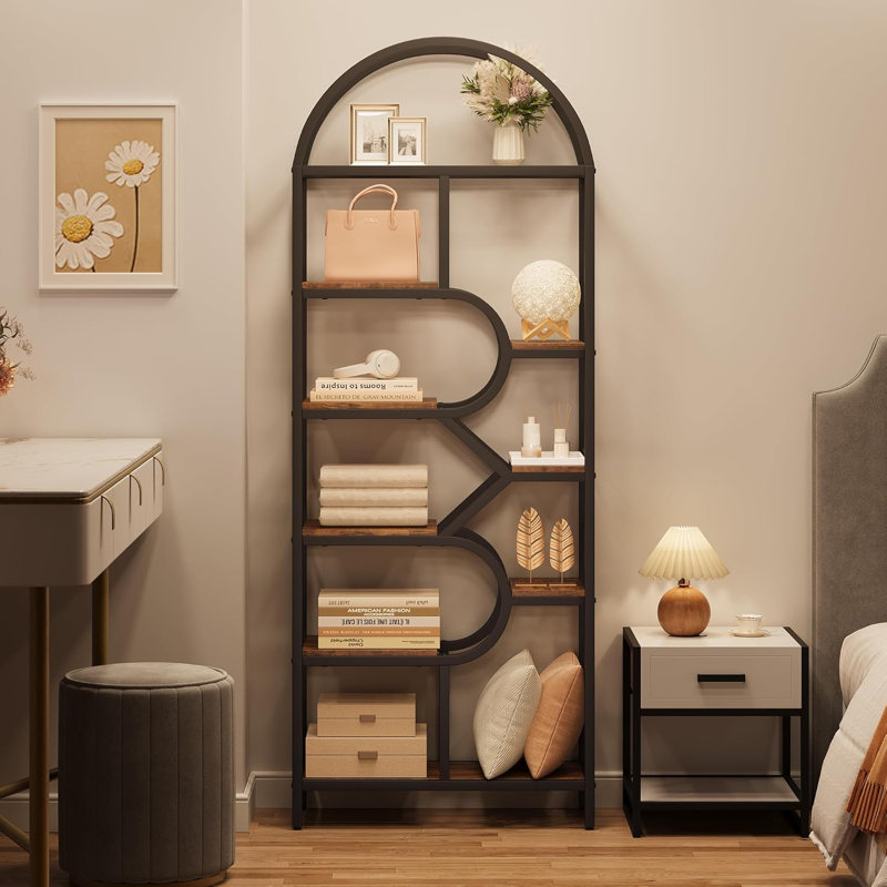 81.7'' H Bookshelf, 6-Tier Arched Bookcase, Geometric Open Storage Shelf, Brown/Black