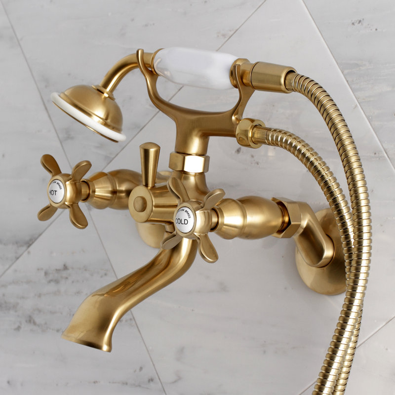 Kingston Brass Essex Three-Handle 2-Hole Tub Wall Mount Clawfoot Tub Faucet with Hand Shower, Satin Brass