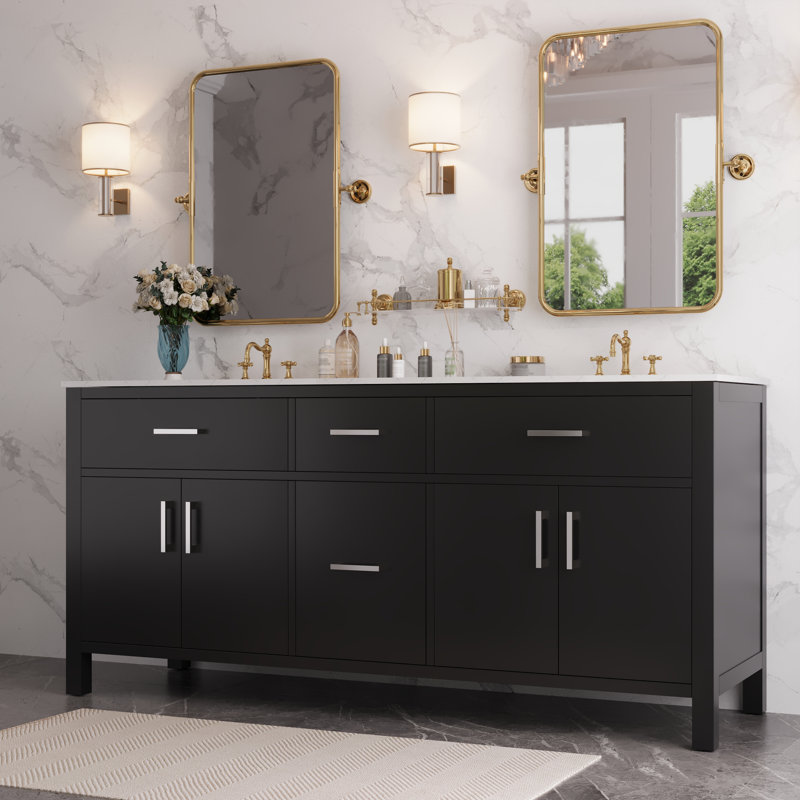 72" Black Double Freestanding Bathroom Vanity with Marble Top