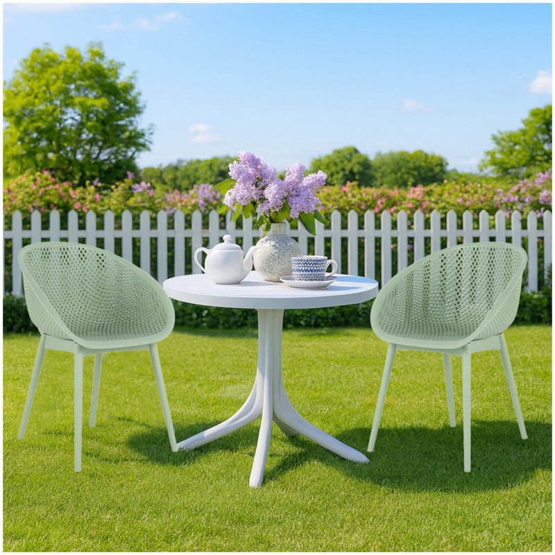 Summer - 2-Pack Pale Green  Modern Lounge Chairs – Indoor/Outdoor All-Weather PP Plastic with 36 Inch Indoor/Outdoor Modern White Round PP Table