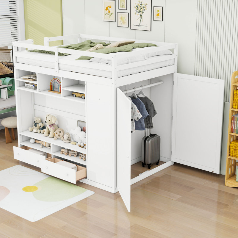 Lit mezzanine double en bois avec garde-robe de rangement, tiroirs, tablettes et lumière DEL, Blanc