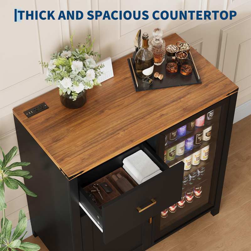 Armoire à café avec mini-réfrigérateur et tiroir, support à vin avec dessus brun chaud, organisateur de boissons pour la cuisine et le bureau, porte en acrylique noire