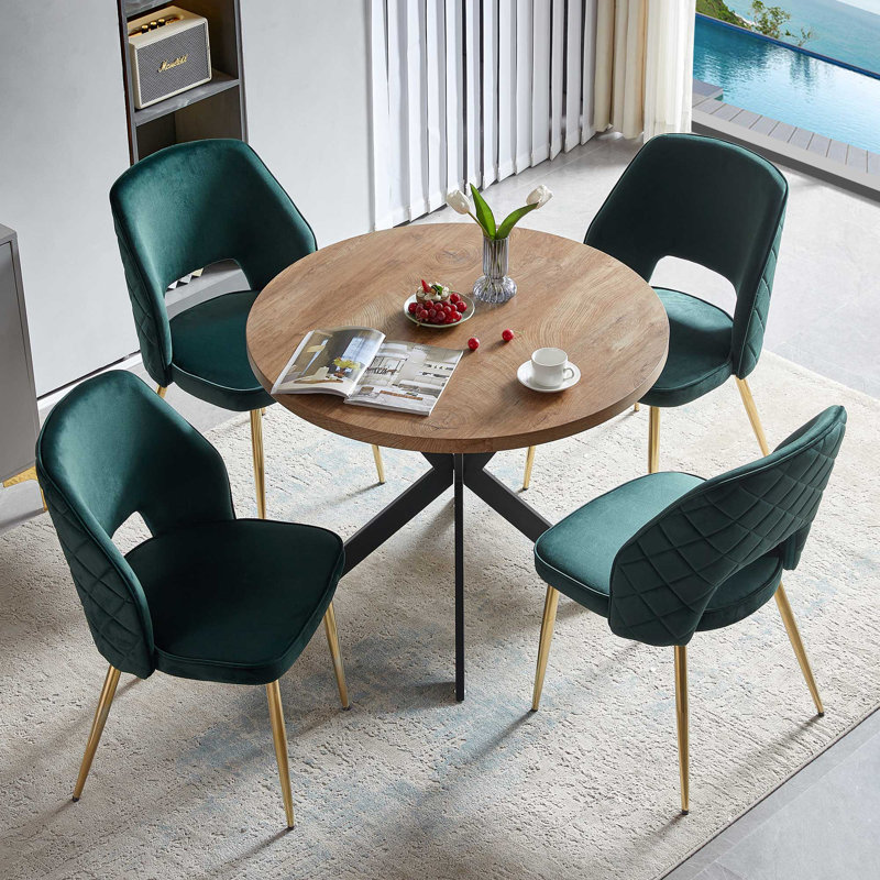 Lawanda 4 Seats Round Dining Table Set, Forest Green