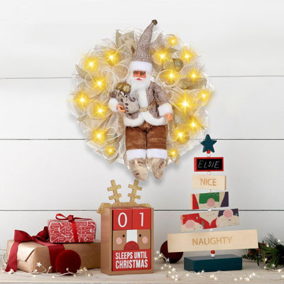 Pre-Lit Christmas Santa Claus Wreath, 45cm Stuffed Xmas Christmas Mesh Front Door Wreaths Hanging Ornaments Holiday Indoor Outdoor Decor Party Supplies Fireplace Window Festival Decor