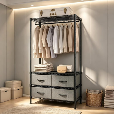 Portant à vêtements robuste avec 4 tiroirs de rangement en tissu, 3 niveaux avec étagères réglables et barre de suspension, capacité de 310 kg, organisateur de placard autoportant pour chambre, dortoir, appartement, noir