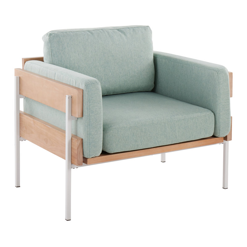 Upholstered Armchair, Light Green Polyester, White/Natural