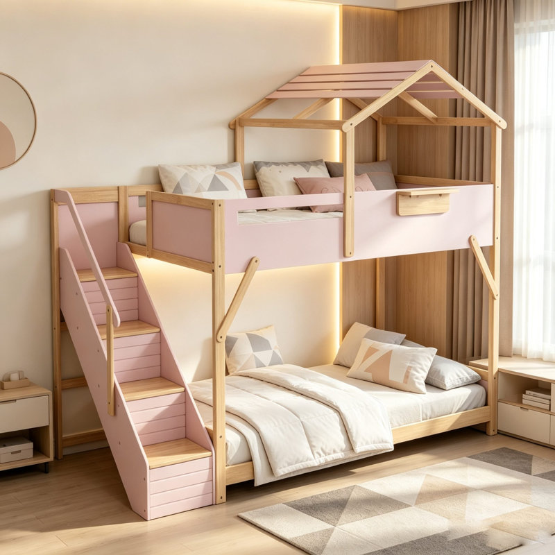 Lit superposé Playhouse avec escalier, bande à DEL à intensité variable et tablette de rangement, Twin Over Twin, Pink