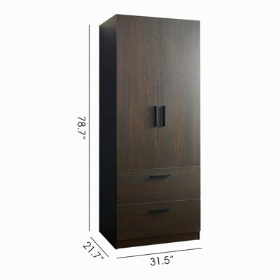 Armoire en bois à deux portes Brook avec deux tiroirs et barres de suspension