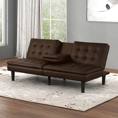 Contemporary Style Futon Sofa Bed With USB Chargers, Biscuit Tufting, And Drop-Down Table For Comfort And Convenience