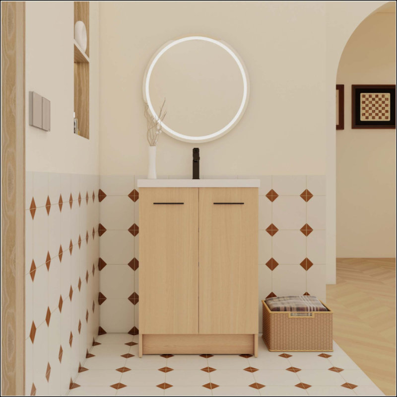 Meuble-lavabo autoportant avec lavabo en résine, rangement à double porte, KD (prêt à assembler), avec poignées en aluminium noir et brossé