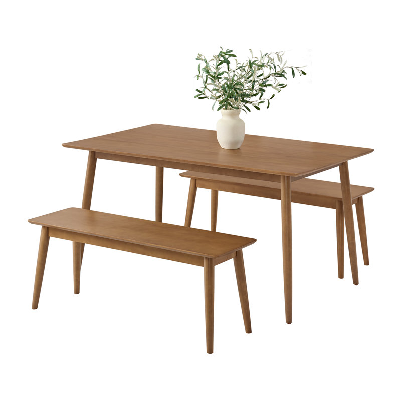 Calais 3 Piece Dining Table Set For 4 With Benches - 59” Solid Wood Kitchen Table And Two 46” Bench Seats - Mid Century Modern Furniture For Dining Room Or Kitchen (Pecan)
