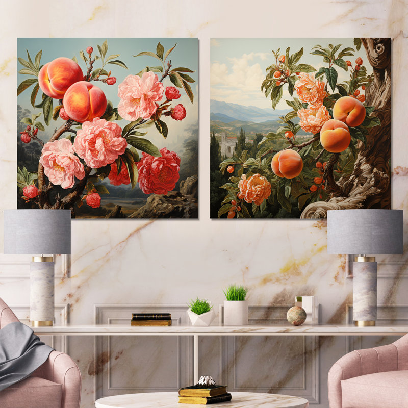 Peinture Renaissance d'un fruit pêche I - ensemble de 2 carrés d'art mural en métal, H 36 po x l 72 po