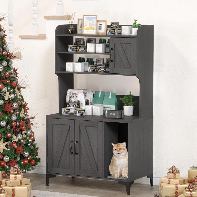 Enceinte de litière pour chat 52in noyer avec tablettes et portes, Noyer