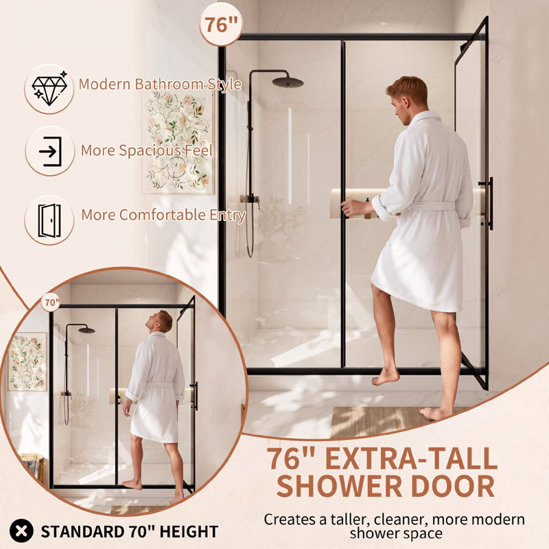 58 po x l 76 po x H 76 po Porte de douche pivotante vers l'intérieur compacte, noir mat, verre clair de 1/4 po, Matte Black