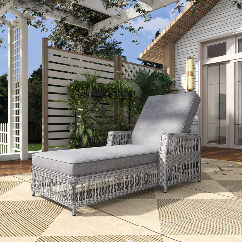Outdoor Wicker Reclining Chaise Lounge Chair With Armrests And Cushions, Adjustable Backrest, Gray