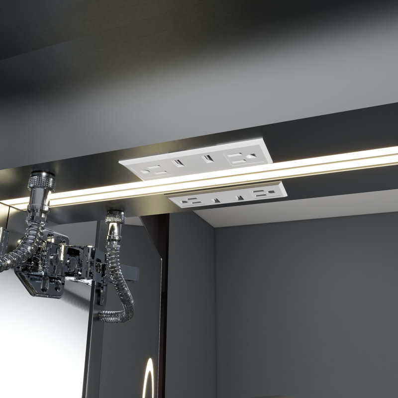 Pharmacie éclairée 24 po x 36 po avec miroir, encastré ou en surface, porte gauche / droite, antibuée, horloge, prise de courant et port USB