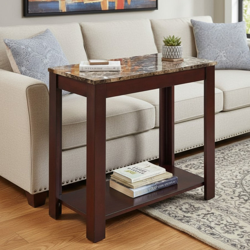 Grande table de bout en bois 24 po avec finition cerisier foncé et plateau en marbre