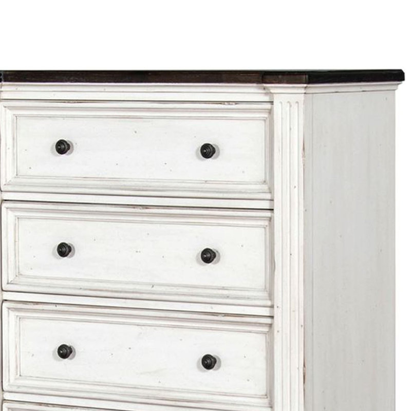 Commode haute Orso, 5 tiroirs, panneau détaillé en bois d'acajou blanc