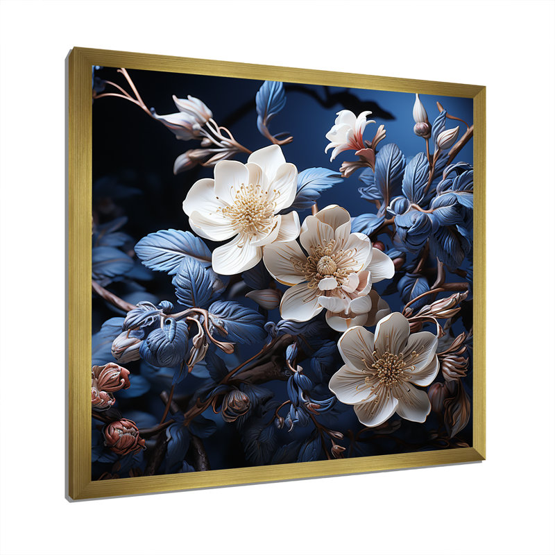 «Hortensia beige et bleu», impression sur toile, H 30 po x l 30 po x P 1 po, Cadre doré simple