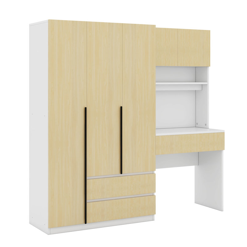 Armoire de bureau à 3 portes en bois avec tiroirs, Naturel