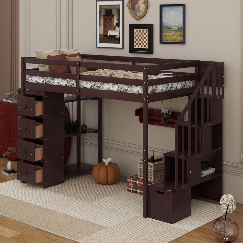 Lit mezzanine simple avec tiroirs de rangement, tablettes et escaliers, Espresso