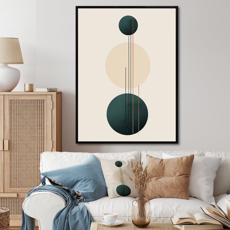 Motif géométrique Mid-Century rétro brun et bleu - Imprimé, Cadre flottant noir, H 32 po x l 24 po x P 1 po