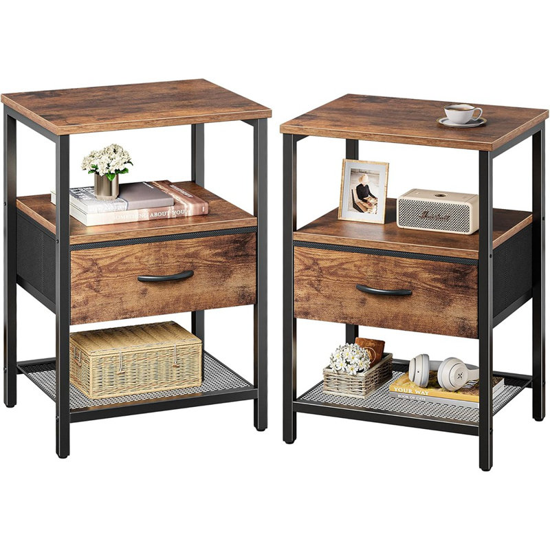 Ensemble de 2 tables de chevet, table de chevet avec tiroir en tissu, tablette en filet, table d'appoint avec rangement, commode à tiroir en tissu, tablette ouverte, structure en métal, chambre à coucher, brun rustique