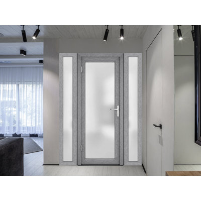 Front Exterior Prehung FiberGlass Door Frosted Glass / Manux 8102 Grey Ash / 2 Side Exterior Windows / Office Commercial and Residential Doors Entrance Patio Garage-W16+30+14" x H80"-Right-hand Inswing