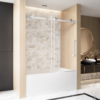 Porte de douche coulissante simple de style américain pour salle de bain, l 56 à 60 po x H 60 po, verre trempé transparent de 6 mm, protecteur de film sécuritaire, rail tubulaire carré en acier inoxydable et poignée confortable brossée