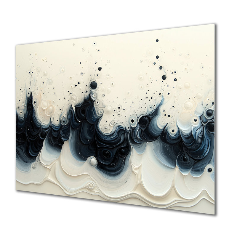 Vague noire et blanche, volcan rythmique IV - peinture murale en métal, H 24 po x l 32 po