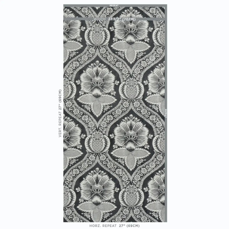 Villandry Damask Print Wallpaper, Black