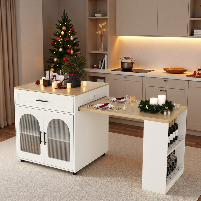 Expandable Kitchen Island With Dining Table, Power Outlet, 2 Drawers, Open Shelves And Movable Wheels