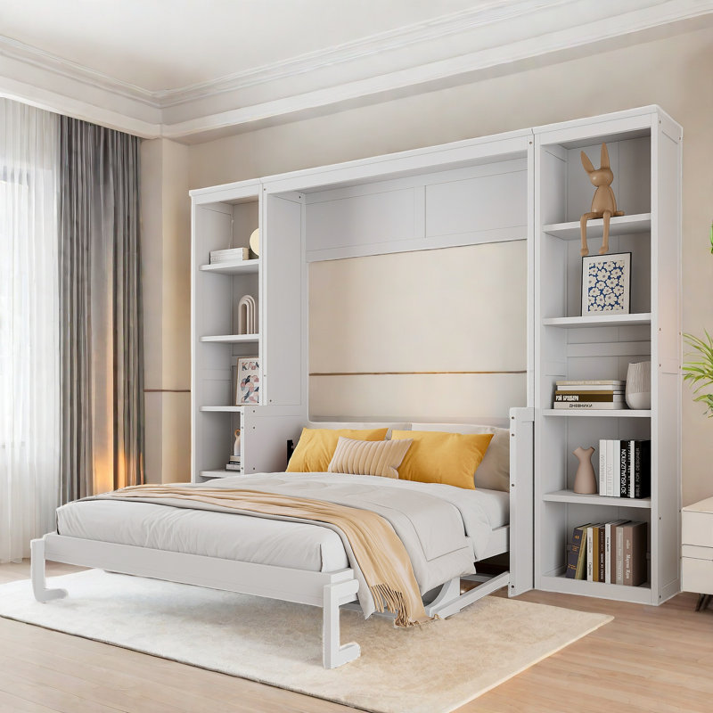 White Solid Pine Murphy Bed with Foldable Desk and Bookshelf Storage, Space-Saving Wall Bed Cabinet with Wood Slat Support for Home Office or Guest Room