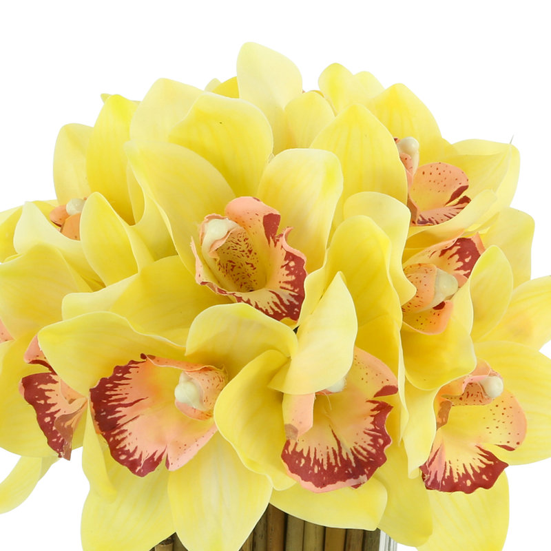 Orchids Arranged in Bamboo-Filled Glass Vase, Yellow