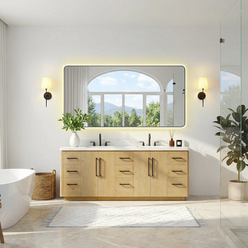Linneus 84" Double Bathroom Vanity in Nature Brown with Grain White Engineered Stone Countertop without Mirror