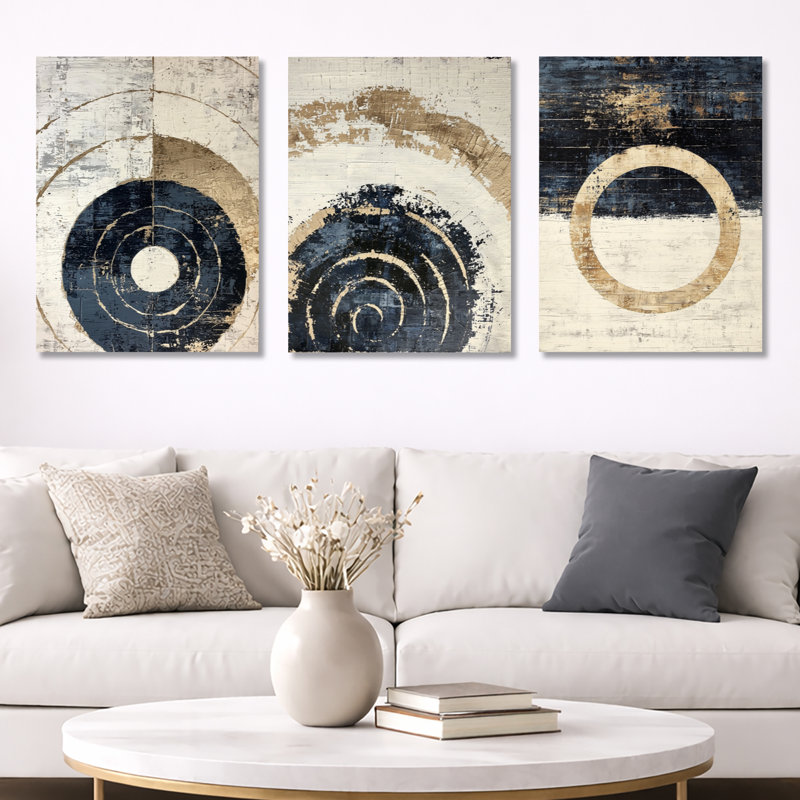 «Beige and Blue Celestial Spiral Balance - Abstract Minimalisme», reproduction sur toile encadrée 3 pièces, Toile tendue