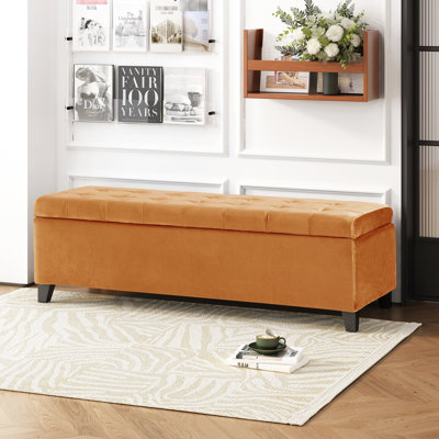 Rangement en velours orange brûlé avec suffisamment d'espace pour les couvertures, sur des pieds en bois de bouleau brun foncé, peut supporter des coutures gaufrées à boutons de 250 lb et un compartiment spacieux, finition des pieds, support de poids