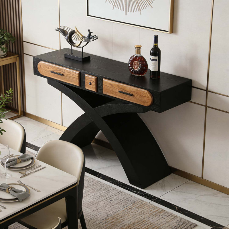 Console en bois avec pieds croisés, deux tiroirs à poignées