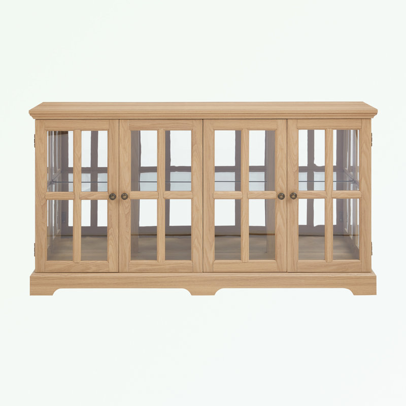 LED light TV Stand with Glass Doors and Adjustable Shelves, Natural