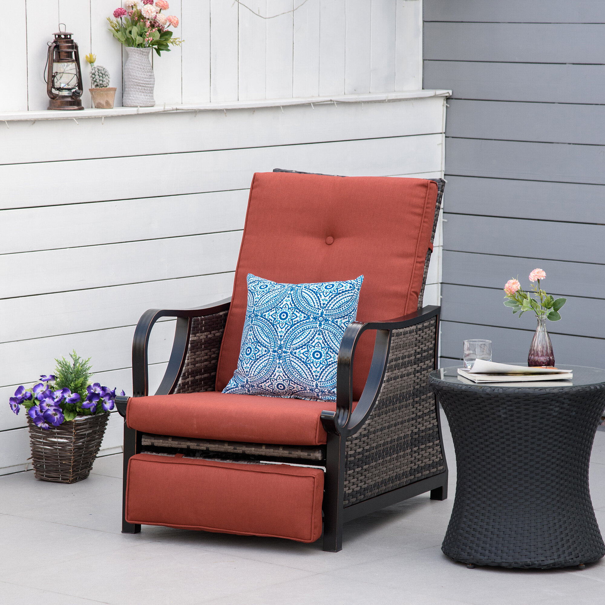 Eske Swivel Recliner Patio Chair with Cushions Corrigan Studio Color: Brown Frame/Blue Cushion