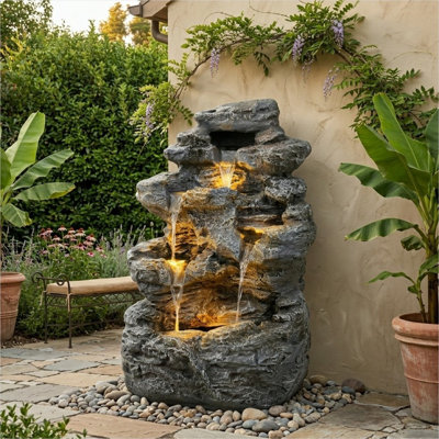 Fontaine d'extérieur en béton à niveaux avec lumières DEL, colonne mince de 23,75 po de hauteur et gris froid