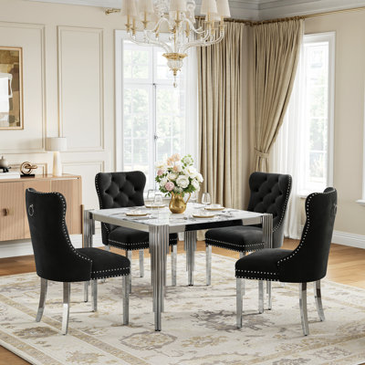 Dining Table Set For 4, 37" Tempered Glass Dining Table, Tubular Stainless Steel Legs, 4 Velvet Upholstered Dining Chairs With Nailhead Trim