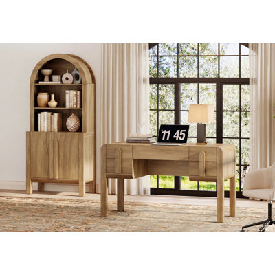 2 Piece Office Set, 53.5" Modern Executive Desk With Charging Station And Drawers & 71"H Tall 5-Tier Arched Bookcases With Storage Cabinet For Living Room, Bedroom, Home Office